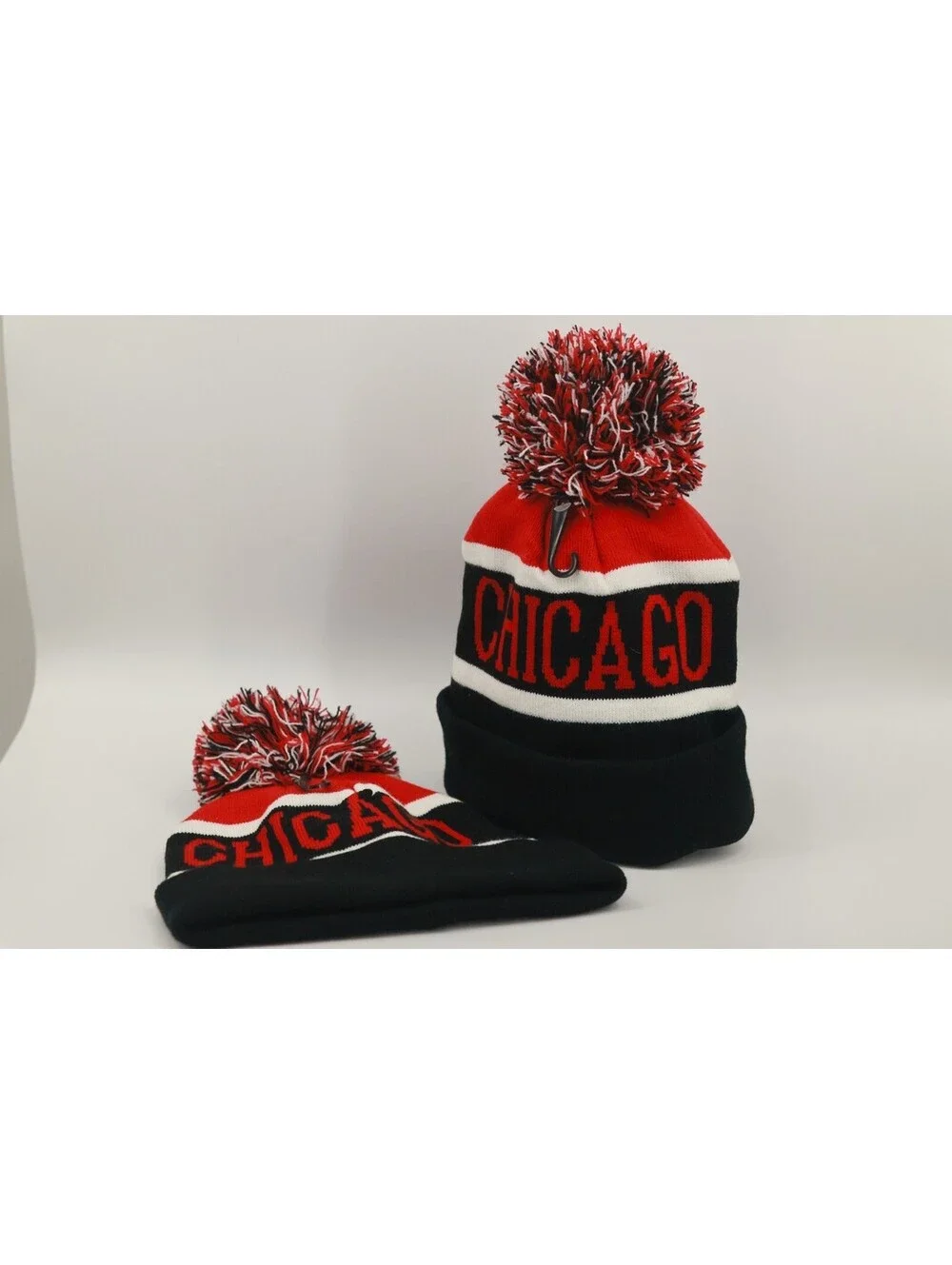 Chicago Knit Beanie Hat Pom Pom Striped Winter Cap Red Black White Cuffed New OS